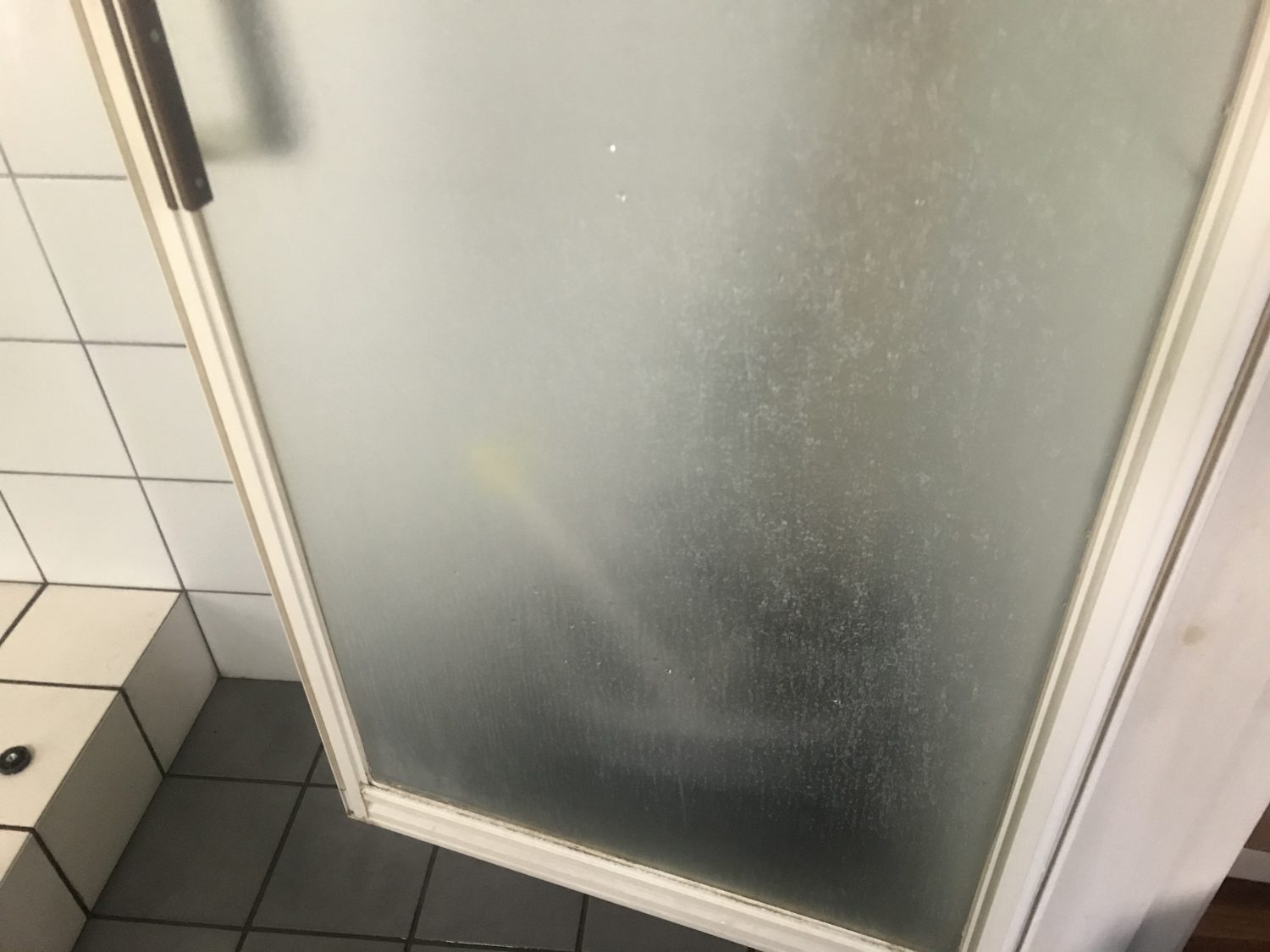 堺市中区の浴室水垢クリーニング 浴室扉に付着した白い水垢汚れ