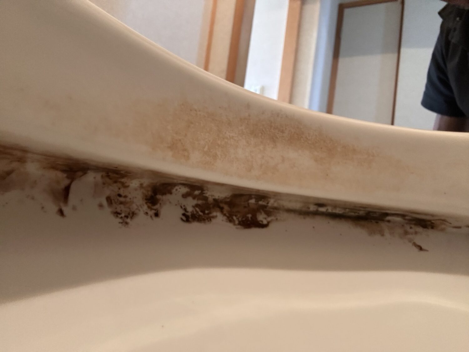 トイレのふち裏に尿石や黒ずみが固着した状態